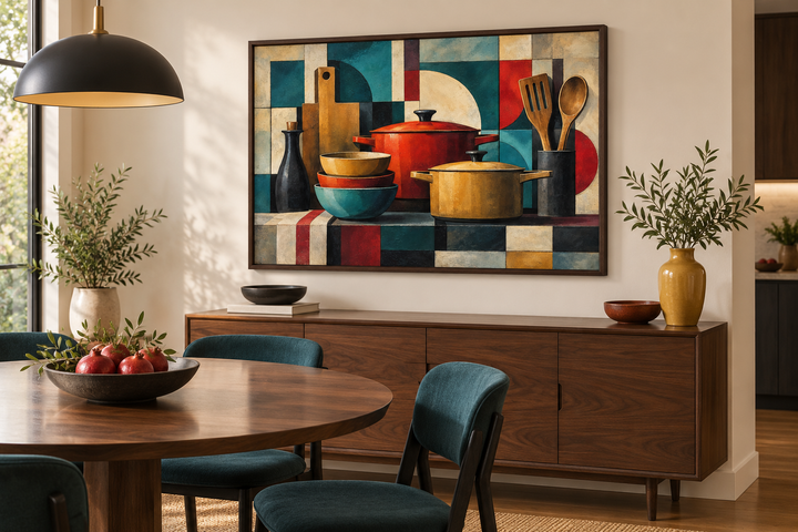 Modern abstract geometric kitchen framed canvas wall art above a wooden sideboard in a dining room.