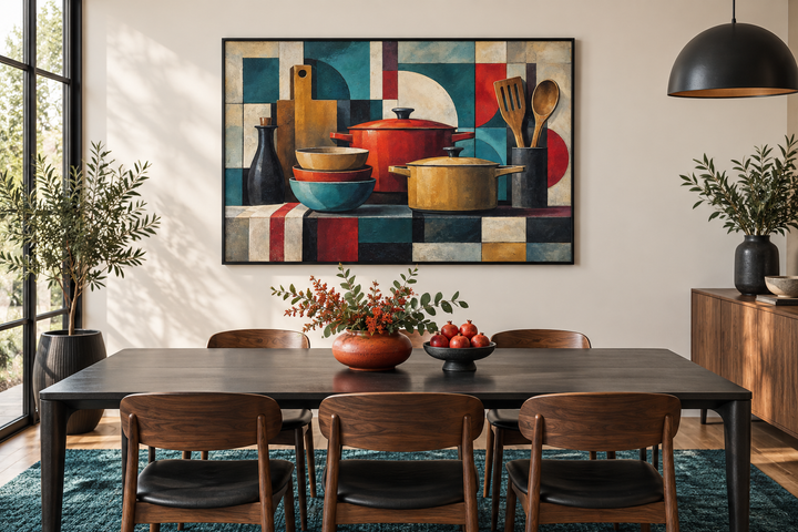 Modern abstract geometric kitchen framed canvas wall art above a dining table.