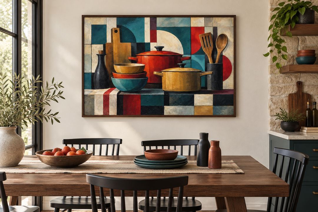Modern abstract geometric kitchen framed canvas wall art above a wooden dining table.