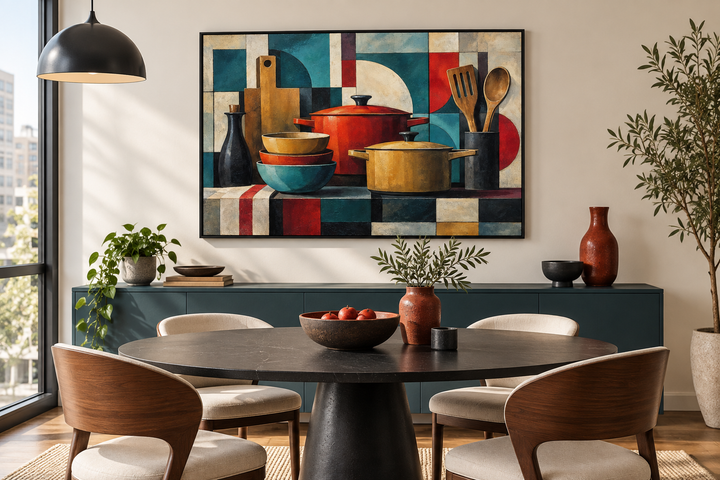 Modern abstract geometric kitchen framed canvas wall art above a dining table in a neutral room.
