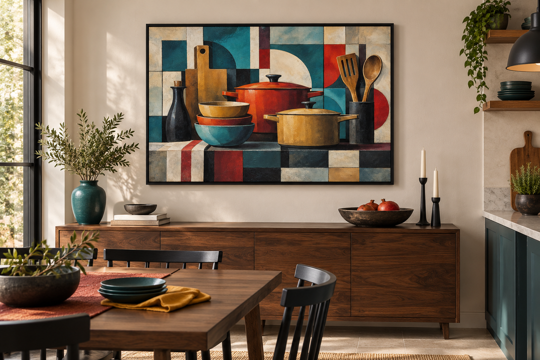 Modern abstract geometric kitchen wall art with colorful pots and utensils in a black frame.