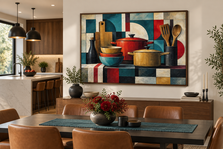 Modern abstract geometric kitchen framed canvas wall art above a dining table in a modern home.