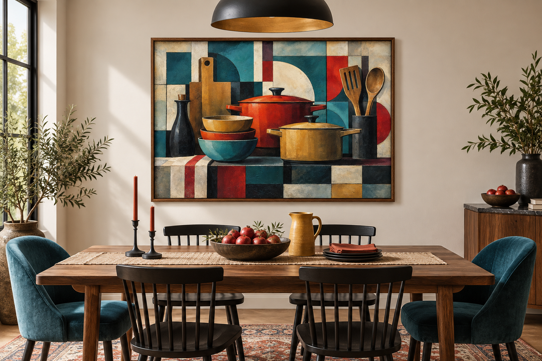 Modern abstract geometric kitchen framed canvas wall art above a wooden dining table.