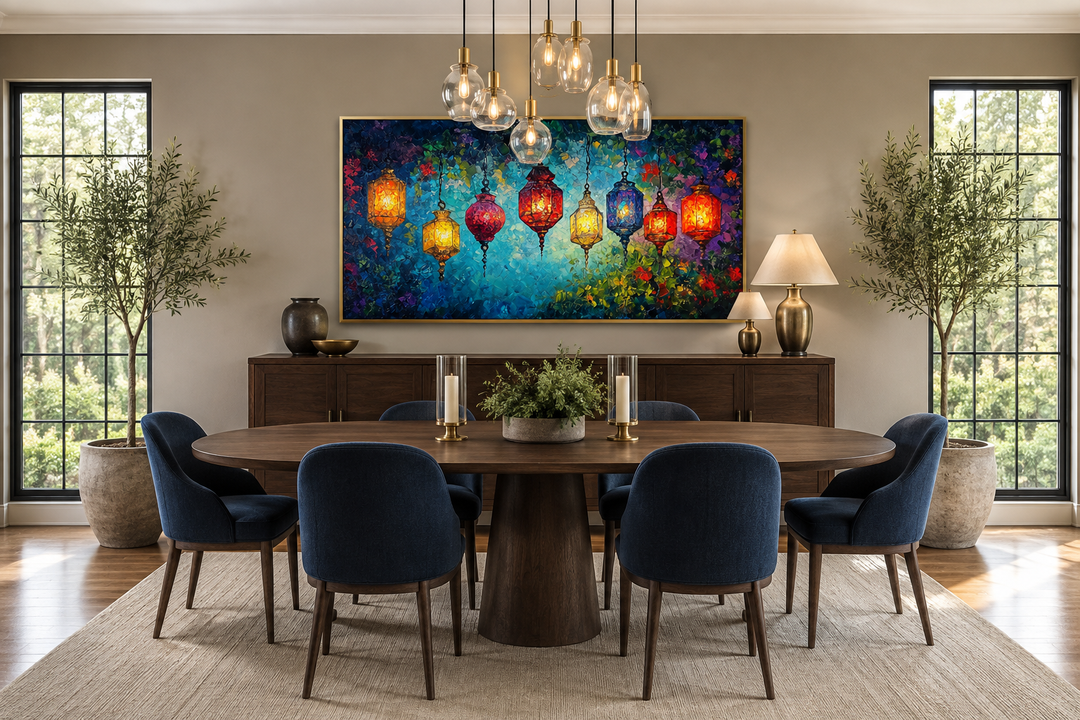Colorful lanterns canvas wall art hanging above a wooden dining table with blue chairs.