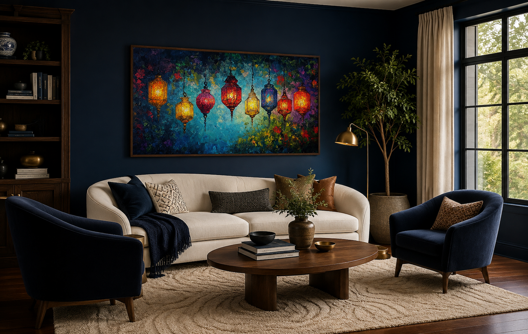 Colorful Lanterns Canvas Wall Art featuring vibrant hanging lights over a modern living room sofa.