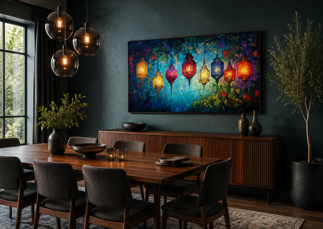 Colorful lanterns canvas wall art hanging in a dark, modern dining room with a wooden table.