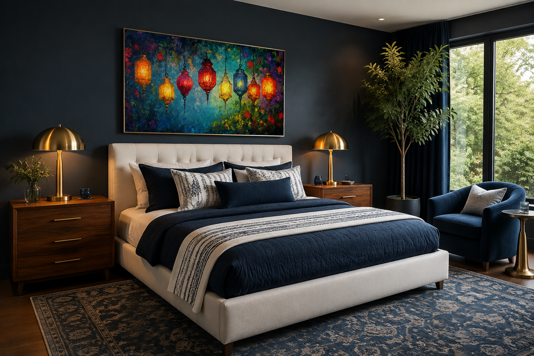 Colorful lanterns canvas wall art hanging above a bed in a modern dark-walled bedroom.