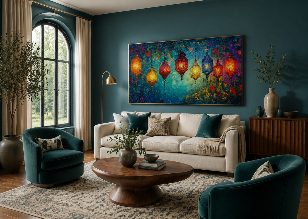Colorful lanterns canvas wall art hanging above a cream sofa in a modern living room.