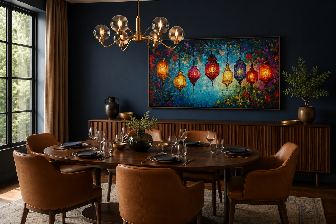 Colorful lanterns canvas wall art hanging in a dark blue dining room with a wooden table.