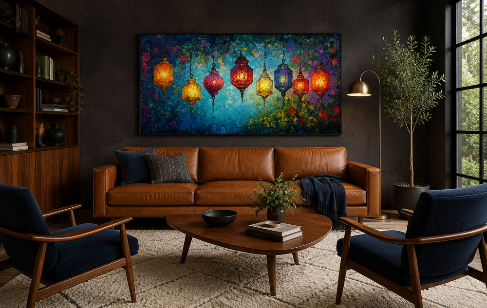Colorful Lanterns Canvas Wall Art featuring vibrant hanging lights over a brown leather sofa.