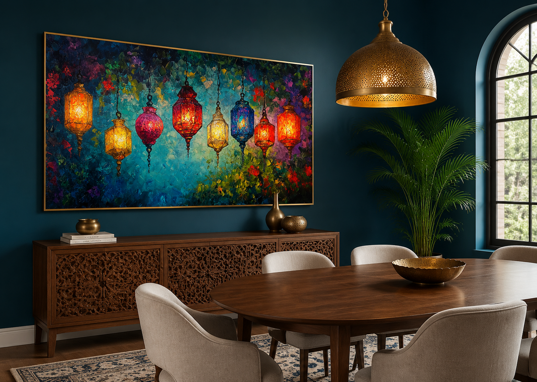 Colorful lanterns canvas wall art hanging in a dining room with a dark teal wall and wooden buffet.