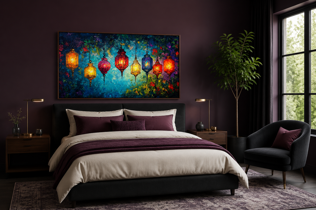 Colorful lanterns canvas wall art hanging above a bed in a dark purple bedroom.