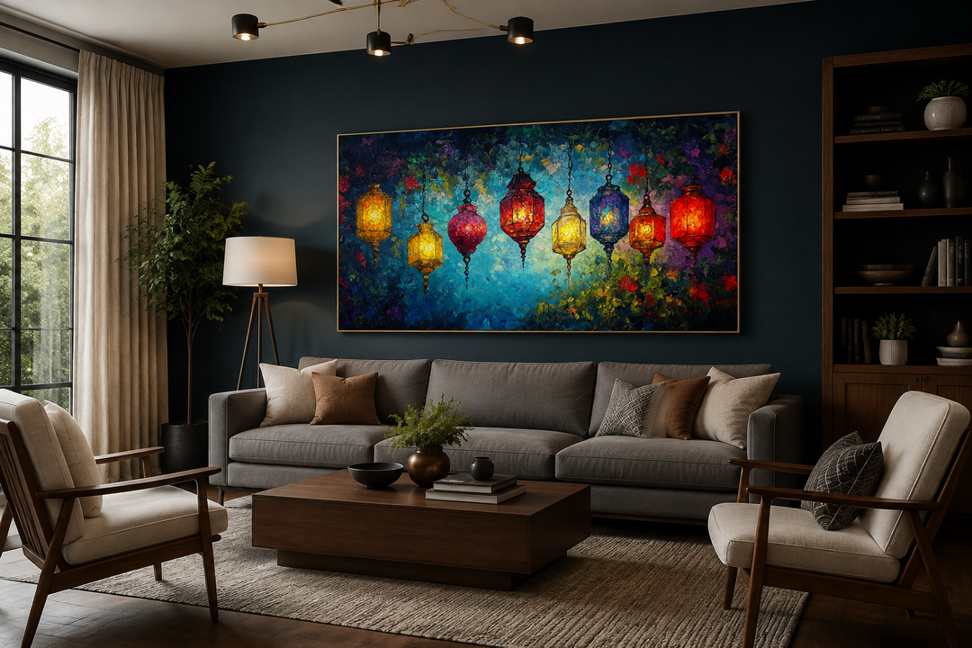 Colorful lanterns canvas wall art hanging above a gray sofa in a modern living room.