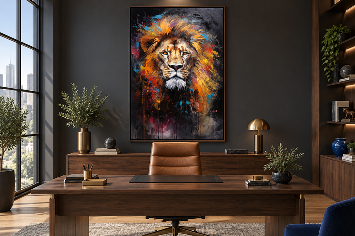 Colorful abstract lion painting in a black frame hanging on a dark wall in a modern office.