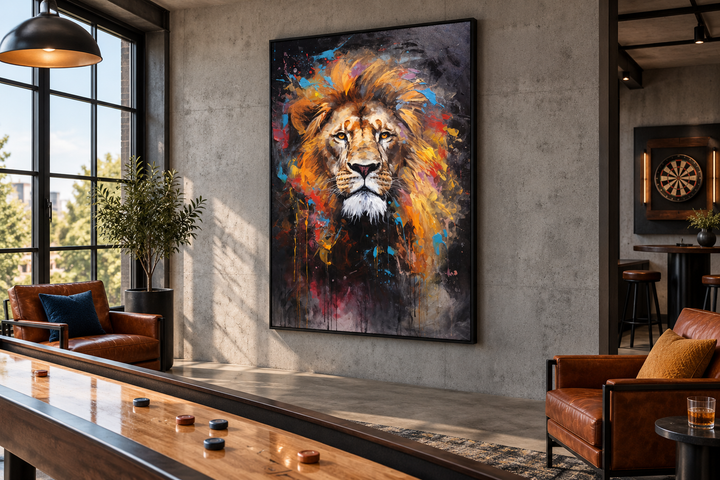 Colorful abstract lion painting in a black frame hanging on a concrete wall in a modern office.