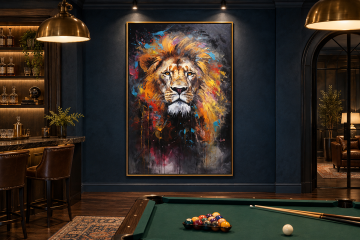Colorful abstract lion head painting in a gold frame on a dark blue wall in a modern game room.