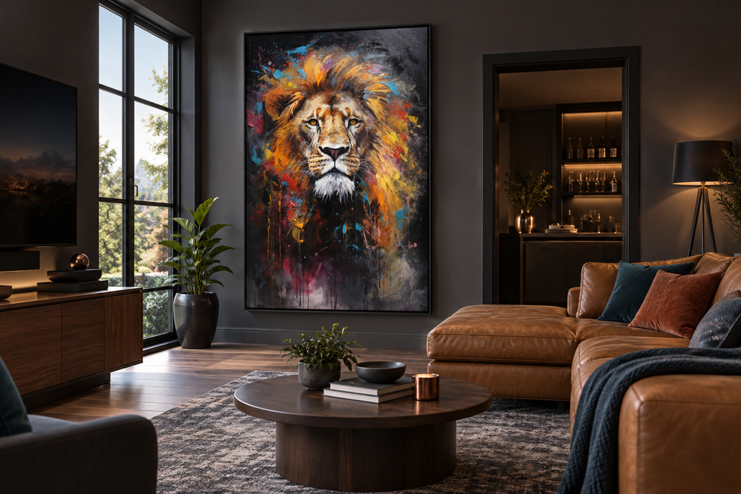 Colorful abstract lion painting in a black frame hanging in a modern living room.