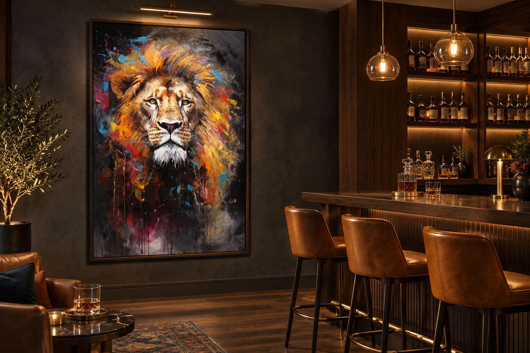 Colorful abstract lion painting in a dark wood frame hanging in a modern home bar setting.