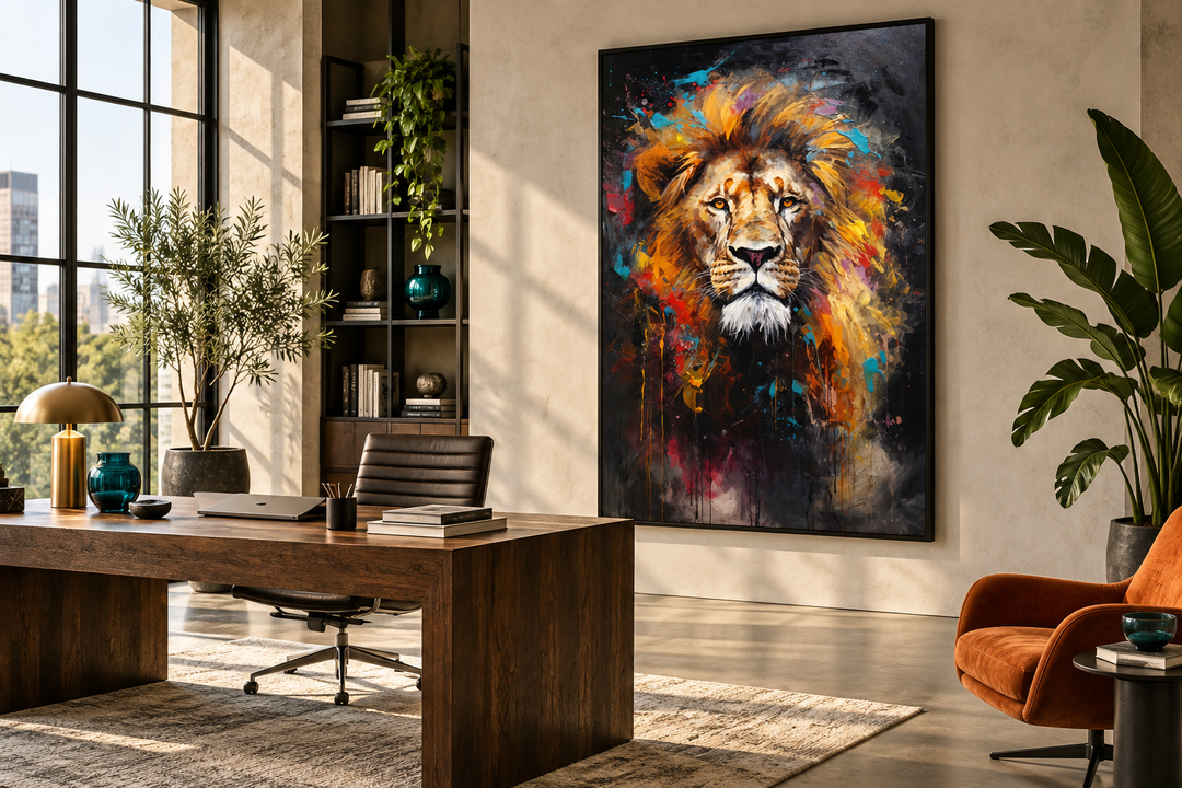 Colorful abstract lion painting in a black frame hanging on a wall in a modern office setting.