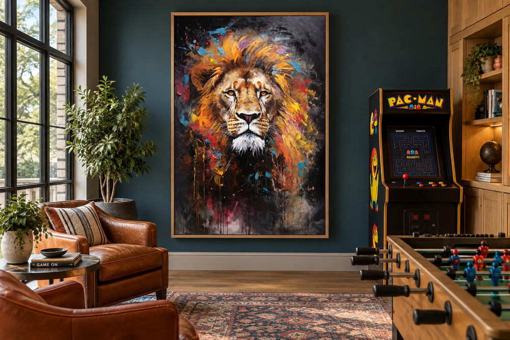 Colorful abstract lion painting in a wooden frame on a dark wall in a modern game room.