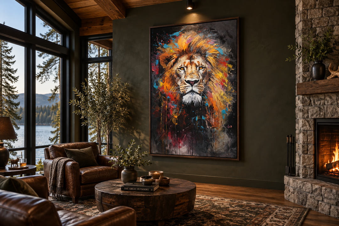 Colorful lion abstract painting framed canvas wall art in a modern living room setting.