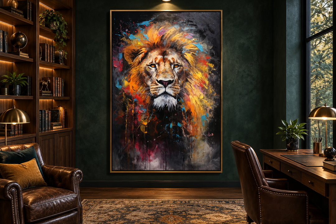Colorful abstract lion painting in a gold frame hanging in a dark green office with leather chairs.