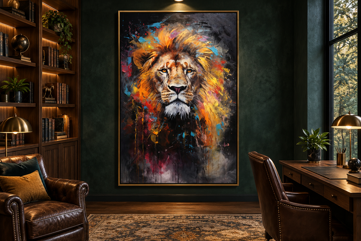 Colorful abstract lion painting in a gold frame hanging in a dark green office with leather chairs.
