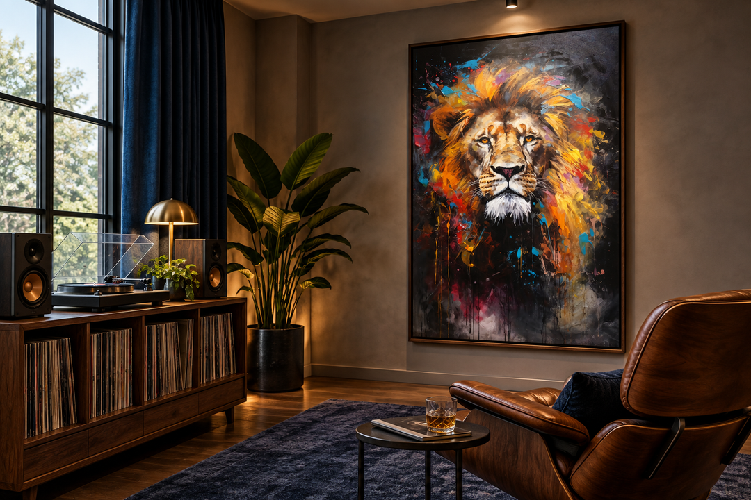 Colorful abstract lion painting on framed canvas in a modern office with a leather lounge chair.