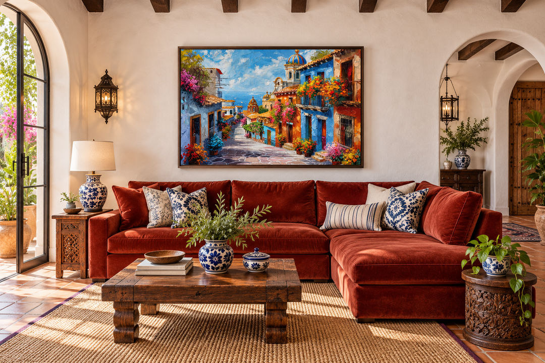Colorful Mexican village street framed canvas wall art hanging above a red sectional sofa.