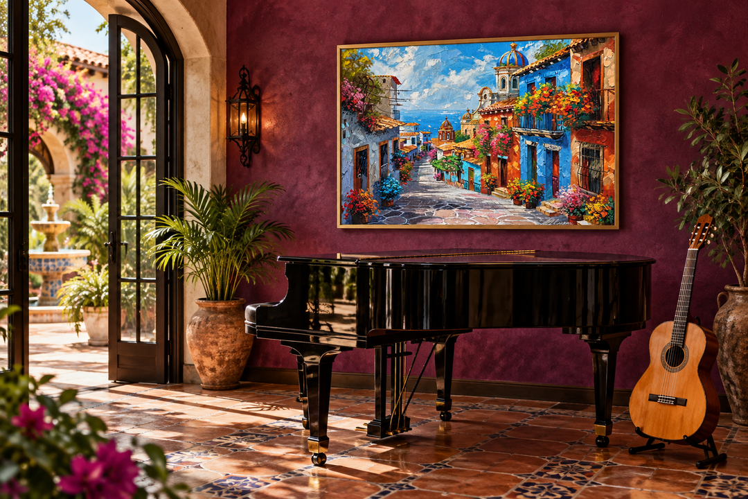 Framed canvas wall art of a colorful Mexican village street scene above a black grand piano.