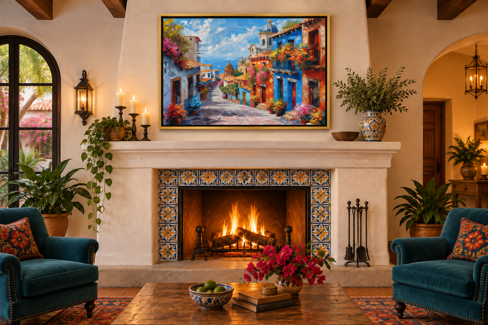 Colorful Mexican Village Street framed canvas wall art hanging above a fireplace in a living room.