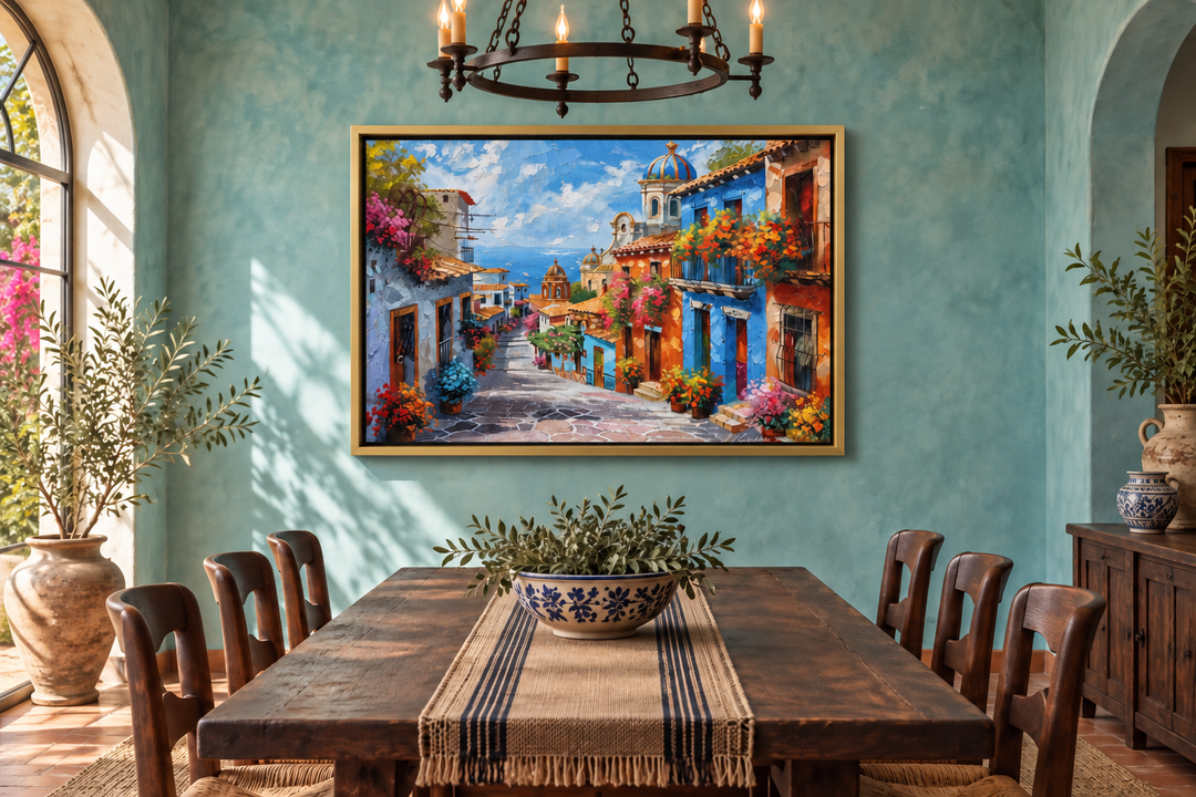 Colorful Mexican village street framed canvas wall art hanging in a rustic dining room.