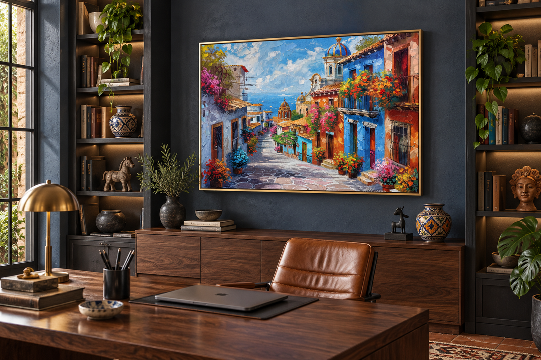 Colorful Mexican village street framed canvas wall art hanging in a modern home office.