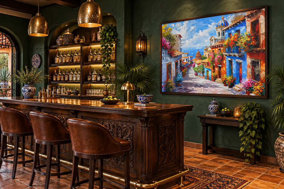 Framed canvas wall art of a colorful Mexican village street scene in a dark green bar setting.