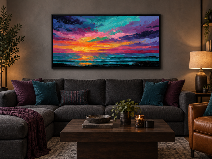 Colorful abstract ocean sunset framed canvas wall art above a dark grey sofa in a modern living room