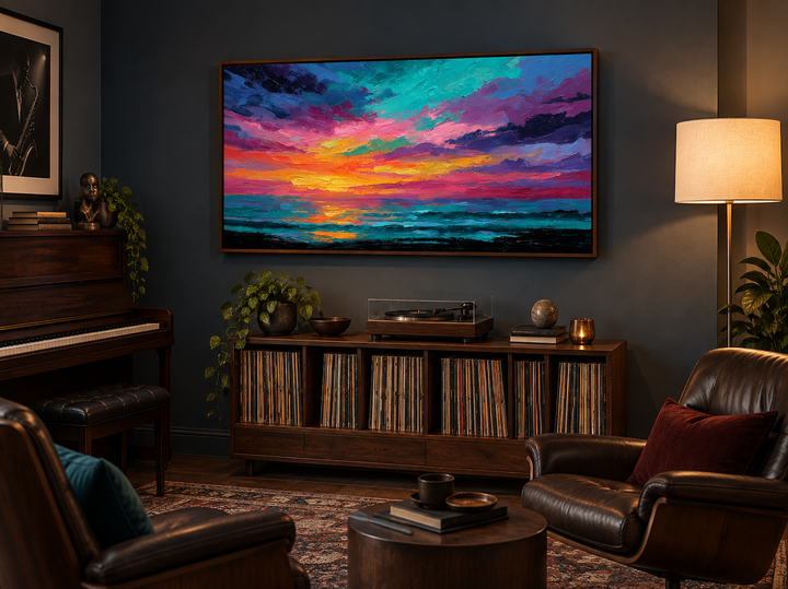 Colorful abstract ocean sunset framed canvas wall art in a modern living room with dark blue walls.