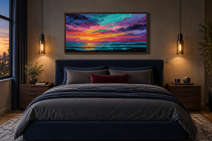 Colorful abstract ocean sunset framed canvas wall art hanging above a dark blue upholstered bed.