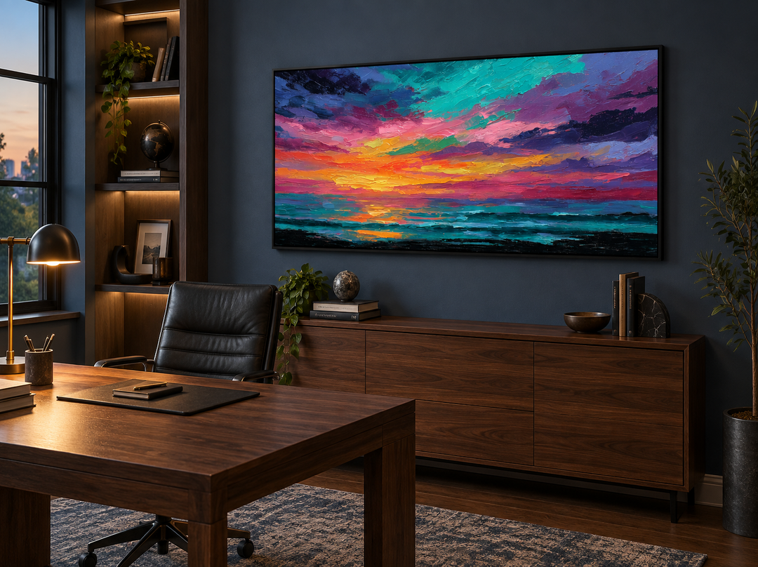 Colorful abstract ocean sunset framed canvas wall art in a modern home office setting.