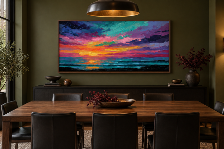 Colorful abstract ocean sunset framed canvas wall art above a dining table in a modern room.