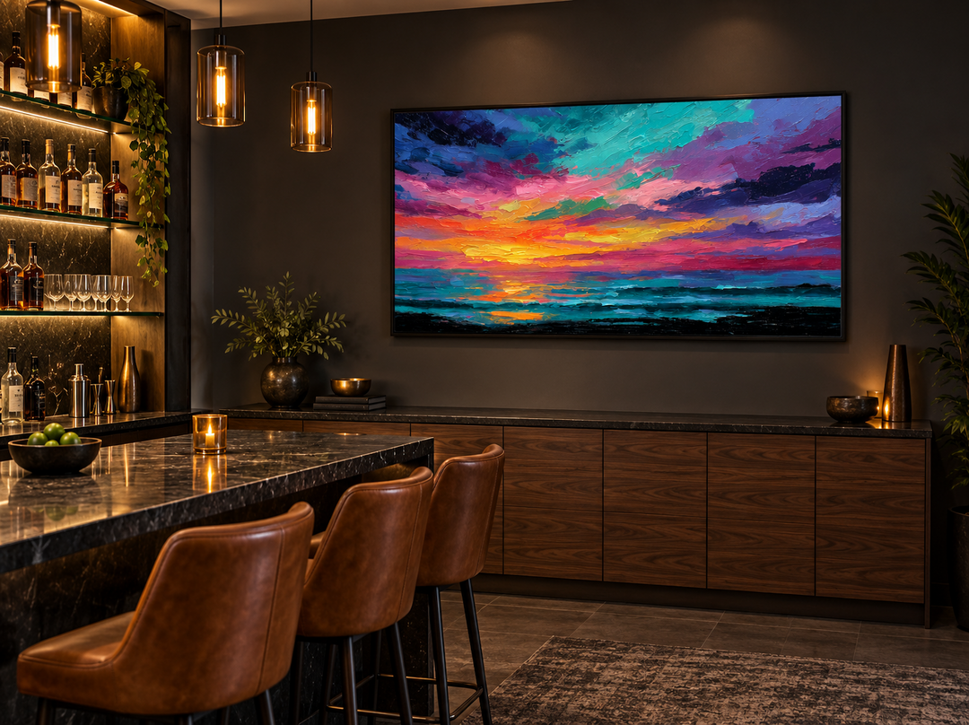 Colorful abstract ocean sunset framed canvas wall art in a modern home bar setting.