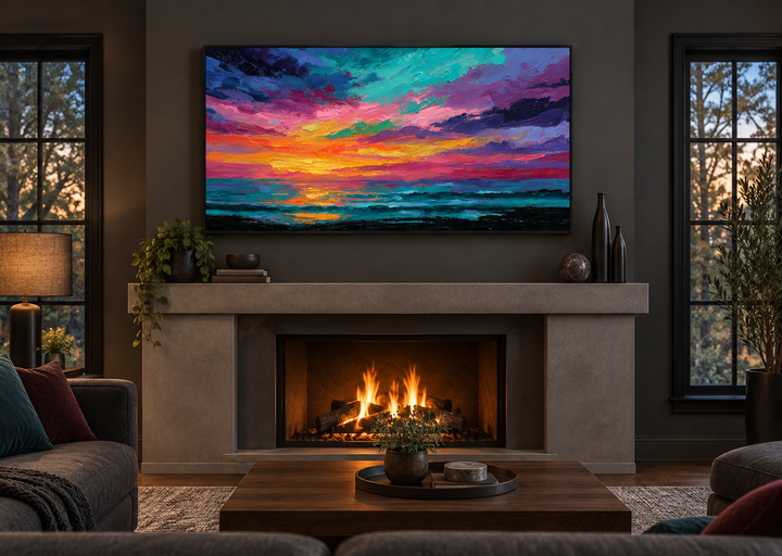 Colorful abstract ocean sunset framed canvas wall art mounted above a modern fireplace.