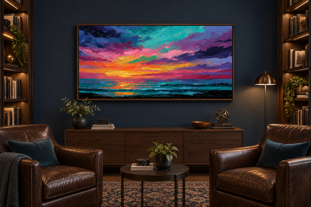 Colorful abstract ocean sunset framed canvas wall art in a modern living room setting.
