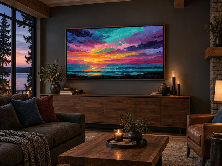 Colorful abstract ocean sunset framed canvas wall art above a wooden sideboard in a modern room.