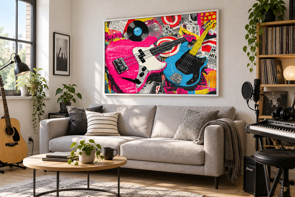Colorful pop art canvas of pink and blue electric guitars above a sofa in a music-themed room.