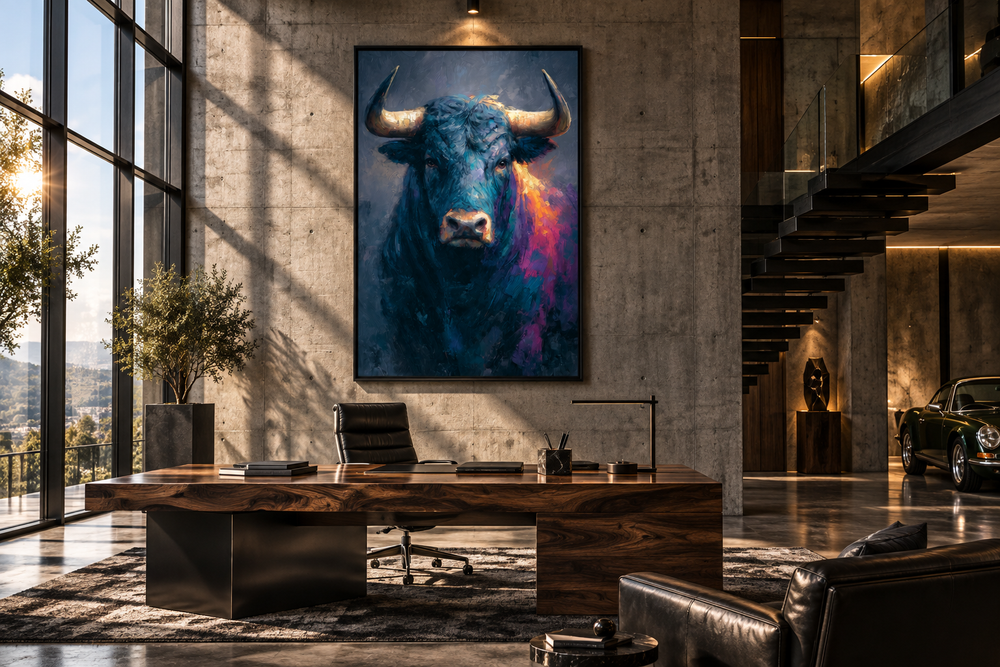 Modern colorful bull canvas painting in a dark, masculine home office with concrete walls.