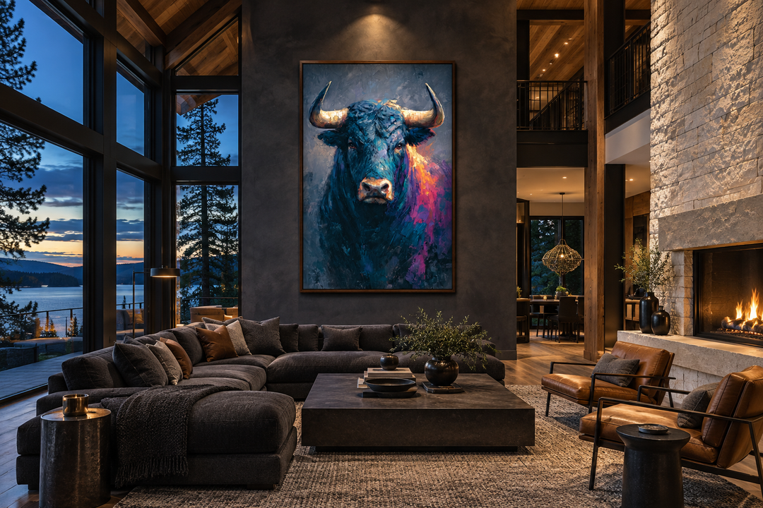 Modern colorful bull canvas painting in a dark, contemporary living room with a fireplace.