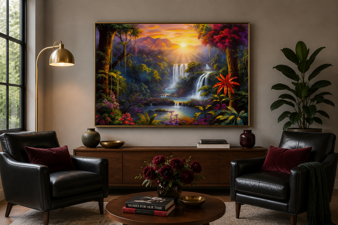 Framed canvas wall art of a tropical rainforest waterfall at sunrise with colorful exotic flowers.