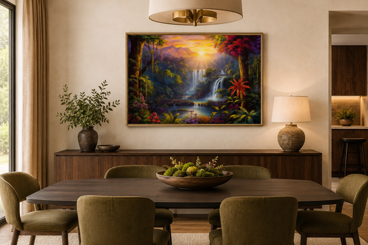Colorful tropical rainforest waterfall and flowers framed canvas wall art in a dining room setting.