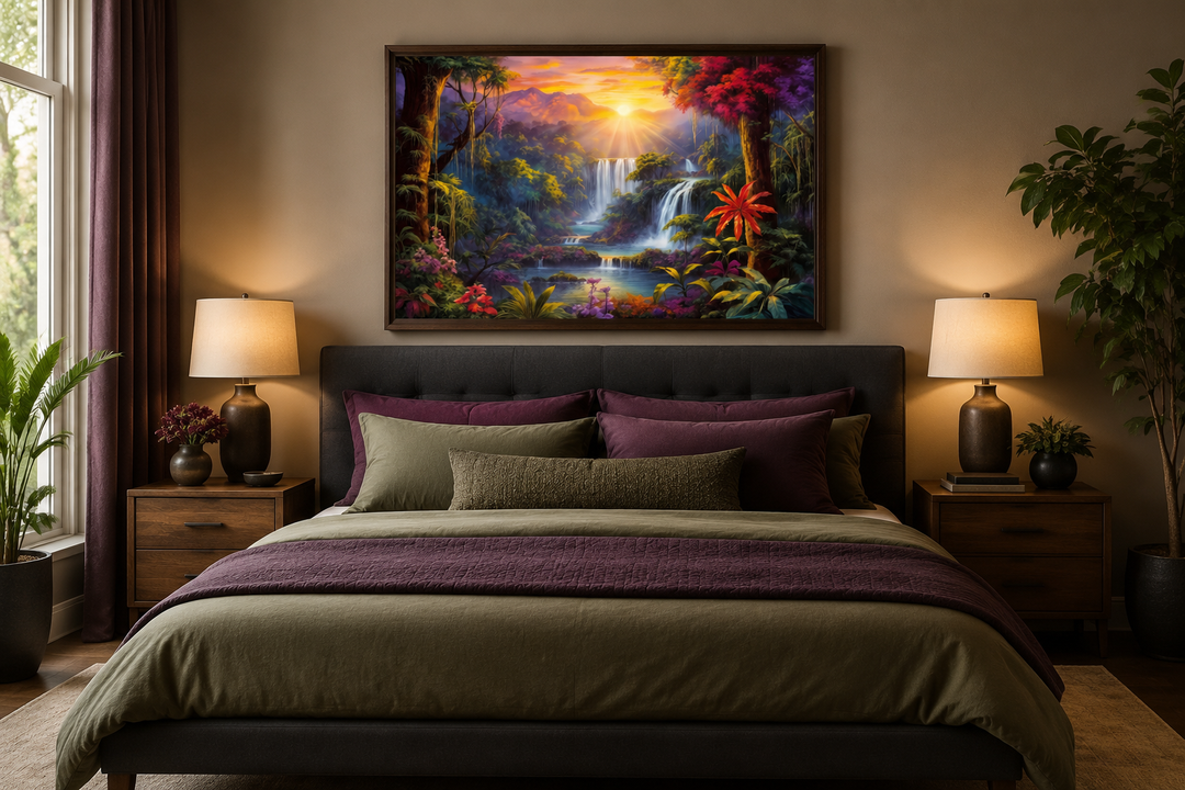 Colorful tropical rainforest waterfall and flowers framed canvas wall art above a bed.