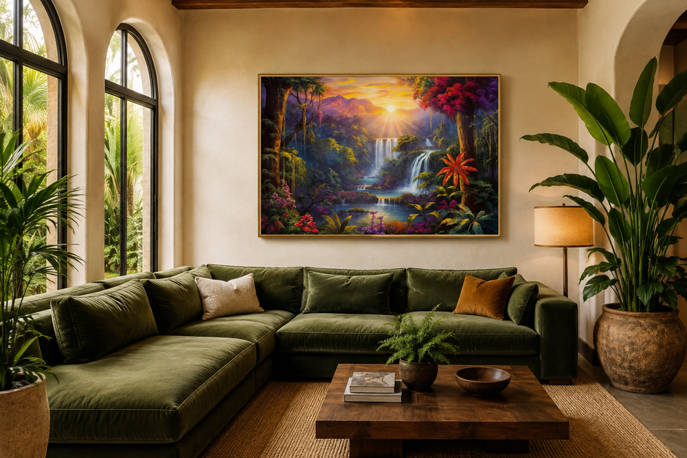 Colorful tropical rainforest waterfall and flowers framed canvas wall art above a green sofa.